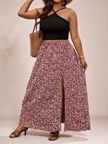 SHEIN VCAY Plus Size All Over Print Slit Up To Thigh Casual Skirt - Red - View 4