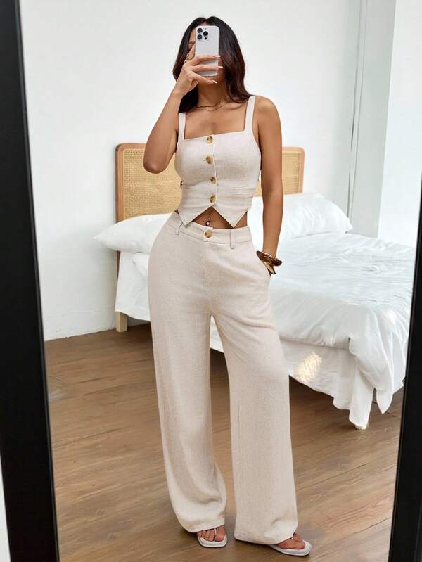 SHEIN PETITE 2 Stück Damen elegante Outfit-Set: Camisole mit quadratischem Ausschnitt & Knopfdetail & weite Schlaghose