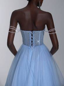 Elitara 奢华优雅的海蓝宝石网眼材质圆领水钻装饰紧身胸衣，配有可调节吊带，透视裙摆 A 字形正式晚礼服（大量装饰） - 藍色 - 查看 7