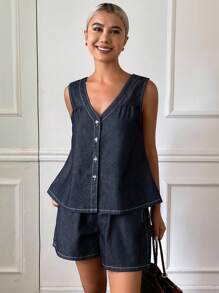 Livesso Ensemble femme avec top ample sans manches col V et short en jean décontracté