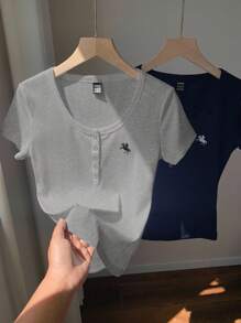 Comfortcana 2pcs Indigo Blue & Gray Solid Henley Collar Embroidered Slim Fit Short Sleeve T-Shirts Henley Tops Tops Sets - Multicolor - View 5