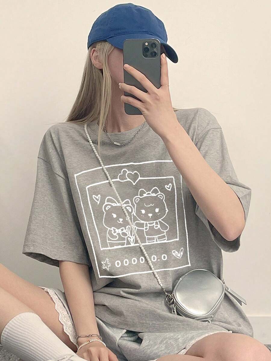 DAZY Áo thun nữ dáng rộng, cổ tròn, tay ngắn, họa tiết hoạt hình, thích hợp mặc mùa hè, đi làm. - Xám - Xem 1