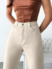 女式休闲纯色斜口袋锥形牛仔裤 - 米色 - 查看 3