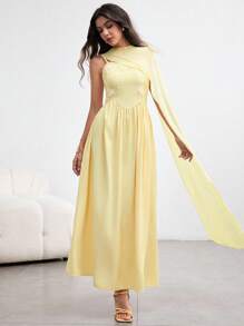 Modelyn Yellow Patchwork Bodycon Dress With Shawl Collar, Flattering, Spring/Summer - Yellow - View 7