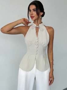 Firerie Áo cánh không tay đơn giản thanh lịch cổ đứng buộc phía trước viền bèo nhún cho nữ, Áo sơ mi đi làm hàng ngày, Quần áo mùa xuân/hè, Thích hợp để đi làm, Thanh lịch, Kỳ nghỉ, Bãi biển, Bohemian, Hawaii, Trang phục công sở - Màu be - Xem 6