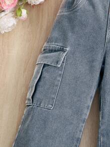 Young Girl' Street Fashion Roomy Pocket Wide Leg Denim Cargo Pants - Dark Wash - View 4