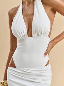 SHEIN BAE White Deep V-Neck Slim Romper & Elegant Long Dress Two Pieces Outfit, Suitable For Wedding Guest, Spring/Summer