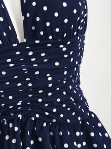 Elamini 黑白波尔卡圆点深 V 领露背紧身迷你连衣裙，荷叶边下摆，波西米亚度假风优雅浪漫性感休闲日常百搭夏装 - 藏蓝色 - 查看 7