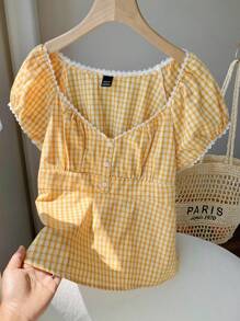 SHEIN EZwear Summer Casual Yellow & White Plaid Woven Ladies Blouse - Yellow - View 6