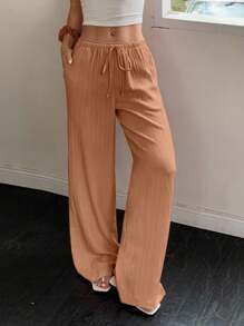 Flirla Women Solid Color Waist Tie Pocket Wide Leg Loose Casual Pants Fall Cloth For Women - Orange - View 3