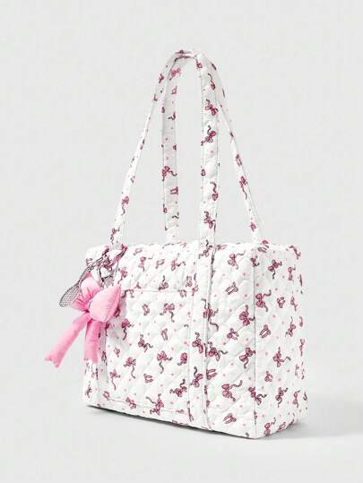 Kawaii Bolso de tote de moda para damas con bordado en entramado rosa, lindo y portátil