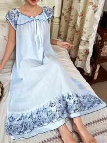 复古宫廷荷叶边蝴蝶结装饰，露肩花卉刺绣蕾丝拼布睡袍，女士睡衣裙，蕾丝刺绣睡袍，睡衣裙，夏季睡袍刺绣睡袍，Moo Moo 睡裙 - 藍色 - 查看 6