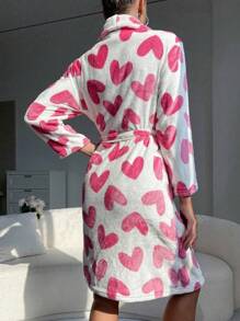 SHEIN 1 件女士浴袍，欧盟和美国简约风格长袖睡衣，粉色心形印花，秋季/春季，圣诞节，温暖法兰绒珊瑚绒，适合学生，韩式夏季，度假家居浴室装饰返校 - 白色 - 查看 2
