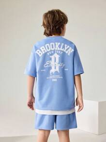 JNSQ Back To School Casual Street Style Printed Boys Outfit Sets, Loose Fit Sweatshirt & Shorts, Japanese Style, Summer Leisure, Urban Youth Design - Baby Blue - View 3