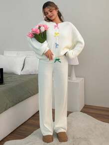 EURMUSE Women Bow Front Cute Cardigan And Sweater Pant 2pcs Set Co-Ord Two Pieces Set - Cream - View 2