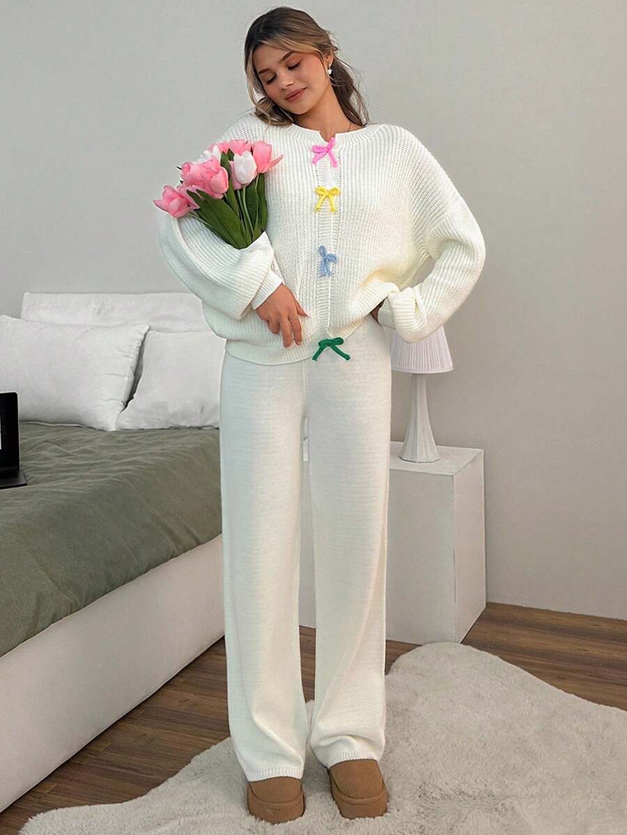 EURMUSE Women Bow Front Cute Cardigan And Sweater Pant 2pcs Set Co-Ord Two Pieces Set