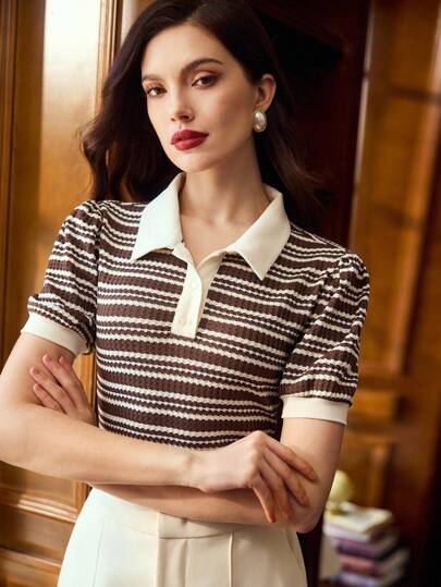 Vintamour 复古优雅女士 Polo 领提花休闲通勤度假 T 恤女士夏季度假女装上衣女士西装女士商务休闲女装夏季服装外出上衣女士可爱上衣度假女装办公室女士教堂服装女士夏季上衣女士返校服装女士教师外出上衣女士秋季女士服装秋季教堂服装