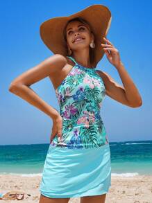 Swim Lushoire 1 pieza Vestido de playa informal de vacaciones con estampado floral azul tipo tankini