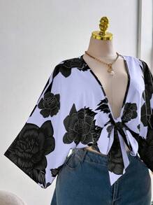 Sweetra 加大码全身花卉印花扭结优雅度假衬衫 - 藍色 - 查看 5