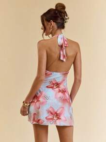 SHEIN BAE Women's Summer Vacation Floral Print Halter Open Back Dress