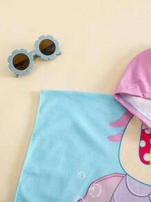 SHEIN Cute Baby Girls Cartoon Pattern Loose Fit Hooded Cover Up Swimwear, Spring/Summer - Blue - View 6