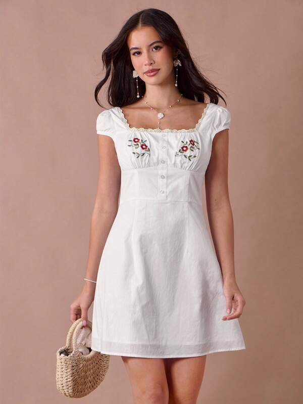 Enchnt Summer/Fall Romantic Women's White Floral Embroidery Lace Square Neck Short Sleeve Cute Mini Dress,Sweet&Elegant For Vacation&Date&Holiday&Birthday&Party&Graduation&Wedding Guest&Office&Going Out,Prom Dress,Summer Dresses For Women,Sun Dresses For Women,Summer Clothes,Summer Outfits For Women,Back To School,Vestidos Elegantes Para Fiesta,Vestidos Elegantes De Mujer