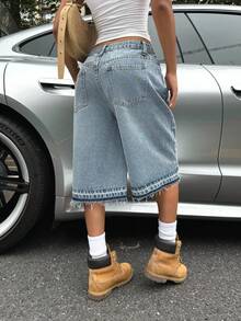 SHEIN ICON Quần short denim thêu họa tiết thường ngày cho nữ - Màu xanh lam - Xem 2