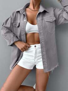 RueChic 女式翻領磨邊牛仔夾克 - 灰色 - 查看 3