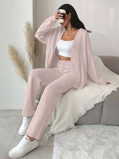 EURMUSE Women's Solid Color Button Front Cardigan And Knitted Wide Leg Pants 2pcs/set