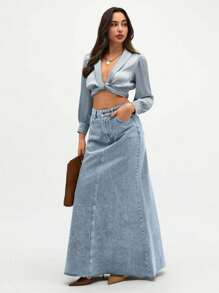 SHEIN Tall Women's Summer Casual Washed Diagonal Pocket Fishtail Hem Denim Skirt - Baby Blue - View 6