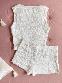 Comfortcana 杏色针织女款两件套，无袖短款上衣和短裤