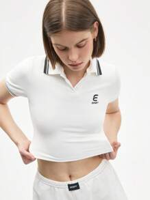Gameset SHEIN Sport 女式字母条纹短袖日常健身 Polo 衫 - 白色 - 查看 5