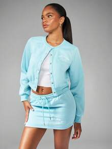 MISSGUIDED Varsity College Style Co Ord Tracksuit With Popper Front Logo Embroidered Drawstring Mini Skirt Two Piece Set For Spring Autumn Casual