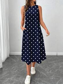 SHEIN LUNE Đầm nữ chấm bi dáng lửng, cổ tròn, thích hợp cho mùa xuân và hè, kiểu dáng thanh lịch, thích hợp đi chơi. - Nhiều màu - Xem 3