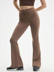 Eassivo Eassivo Women's High Waist Solid Color Flared Leggings Pants Low Impact Yoga Daily - Khaki - View 1