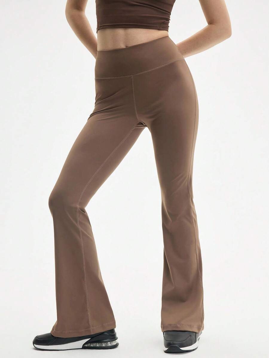 Eassivo Eassivo Women's High Waist Solid Color Flared Leggings Pants Low Impact Yoga Daily - Khaki - View 1
