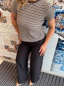 Jeta Ari 女式撞色格纹短袖 T 恤 夏季 - 咖啡棕 - 查看 3