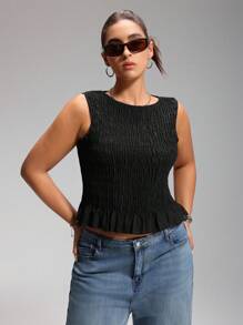 LYSMO 大码夏季波西米亚风女式弹力褶皱背心，商务休闲女式黑色无袖上衣，夏季束腰女式上衣，返校季，荷叶边上衣，情人节 - 黑色 - 查看 6