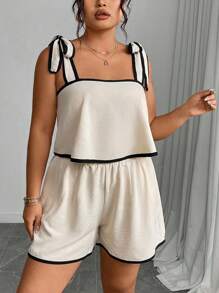 INAWLY 大码女式夏季休闲撞色边吊带背心和短裤两件套