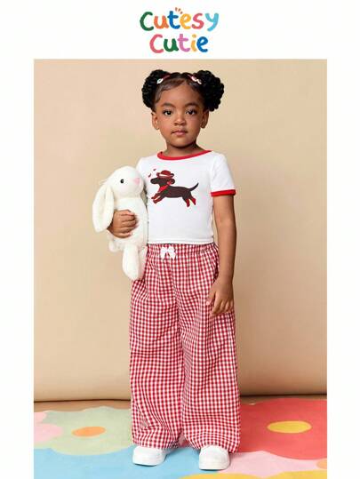 2件套少女纯色樱桃图案针织休闲T恤+长裤套装