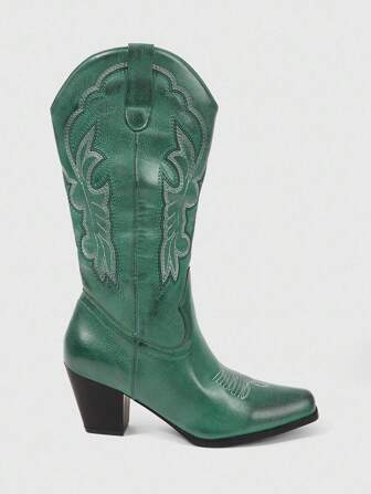Fairycore Damen Cowboy Stiefel, grüne, lässige, modische Slip-On Stiefel mit Stickerei im Western Stil für den mittleren Wade-Bereich, für Frühling/Herbst