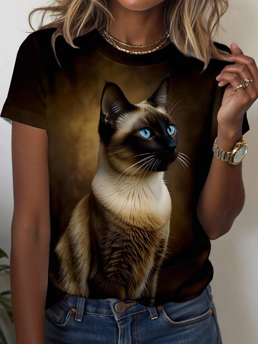 INAWLY Maglietta a maniche corte da donna con scollo tondo e motivo a gatti