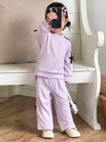 SHEIN Baby Girls Cute Lavender Autumn Family Matching Set,Fashion Purple Sweatshirt Top With Black Bow Decor & Casual Pants,Sweet Simple Sporty Clothes - Purple - View 5