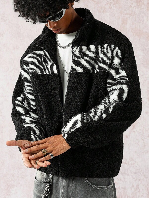 Manfinity Streetrush Heren casual street patchwork zebrapatroon sherpa jack met rits voor herfst/winter