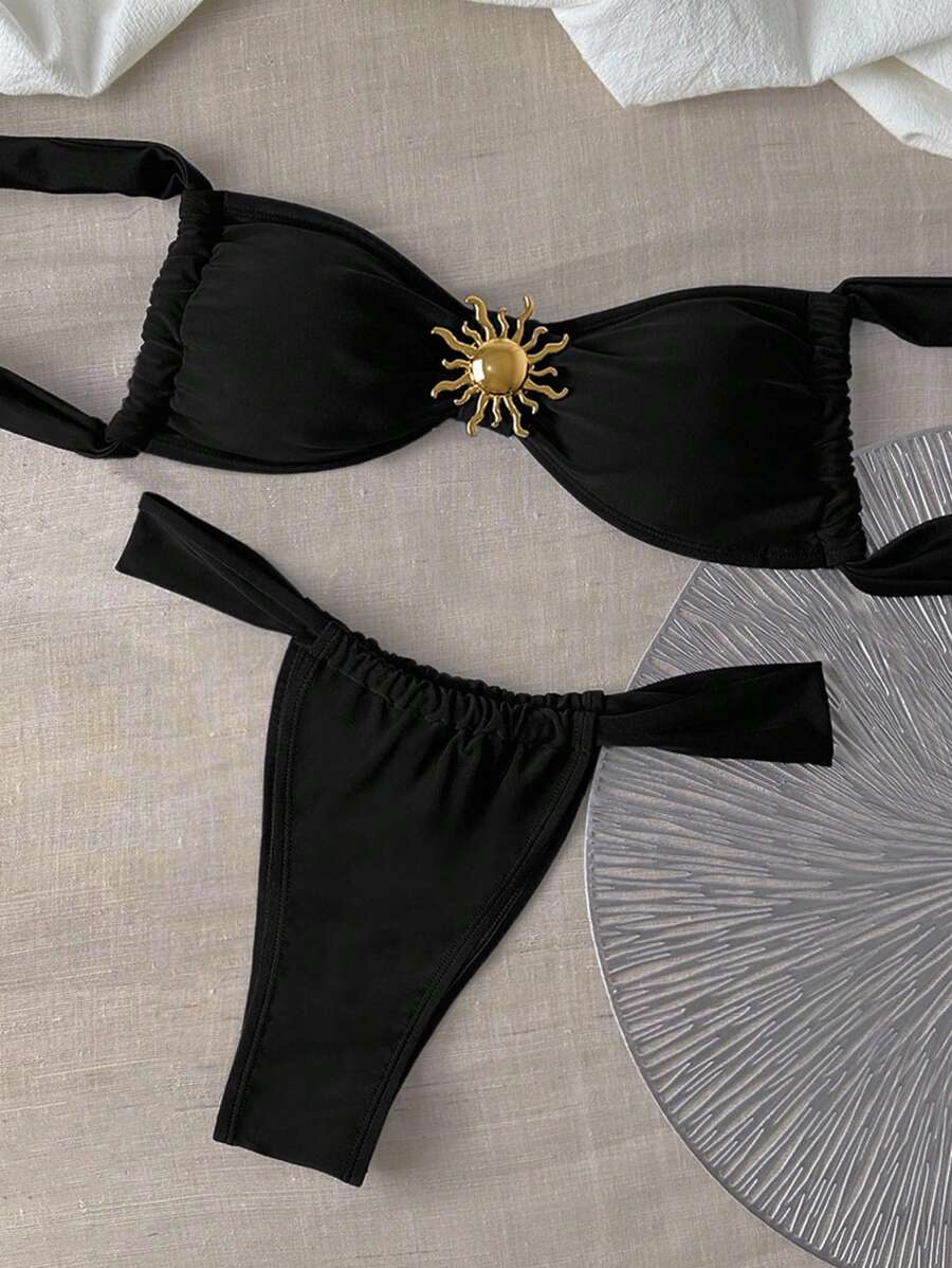 Swim Chiccia Solid Color Metal Triangle Cup Decoration Bikini Set For Summer Beach Vacation - Black - View 1