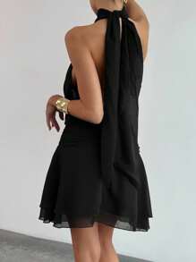 Aloruh Nuevo vestido mini dulce con diseño de lazo en espalda abierta, cuello halter y volante en el bajo, sin mangas y resistente a las arrugas, para primavera/verano - Negro - Ver 4