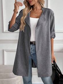 EMERY ROSE 女士纯色简约休闲长袖常规夹克灰色夹克女士长款夹克灰色开衫长款灰色夹克女士秋冬灰色夹克 - 深灰色 - 查看 1