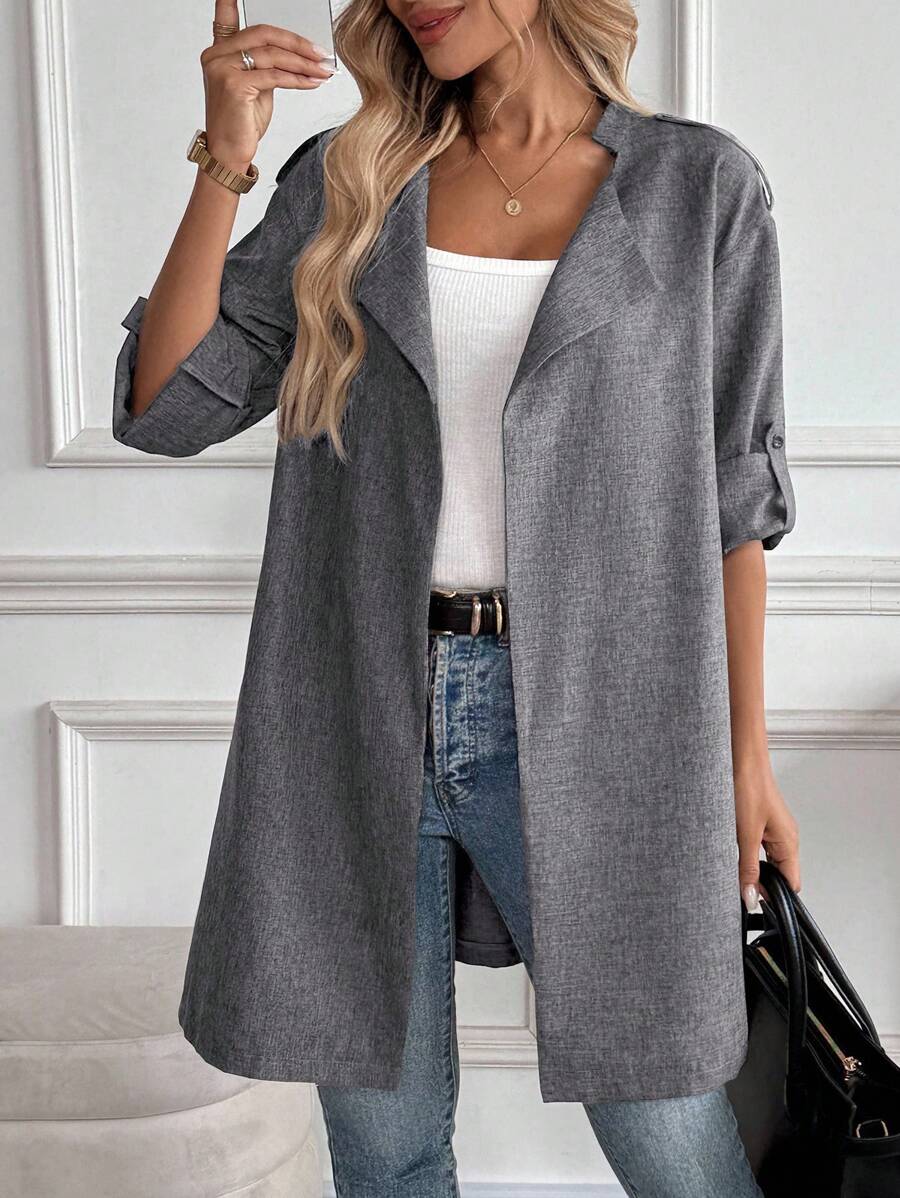 EMERY ROSE 女士纯色简约休闲长袖常规夹克灰色夹克女士长款夹克灰色开衫长款灰色夹克女士秋冬灰色夹克 - 深灰色 - 查看 1