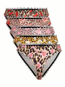 5pcs/Pack Plus Size Leopard Print Animal Pattern Comfortable Briefs & Thongs - Multicolor - View 2