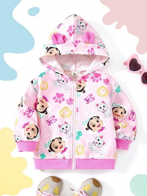 CoComelon X SHEIN Casaco com Capuz Casual e Doce Rosa com Gráfico de Gatinho de Desenho Animado Fofo e Figura, para Bebê Menina